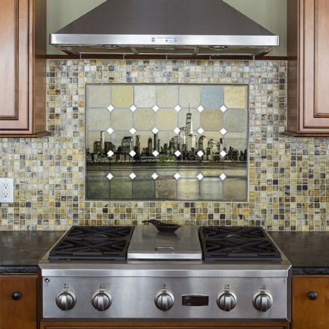 Image of a kitchen using printed tiles and a wall Panel
